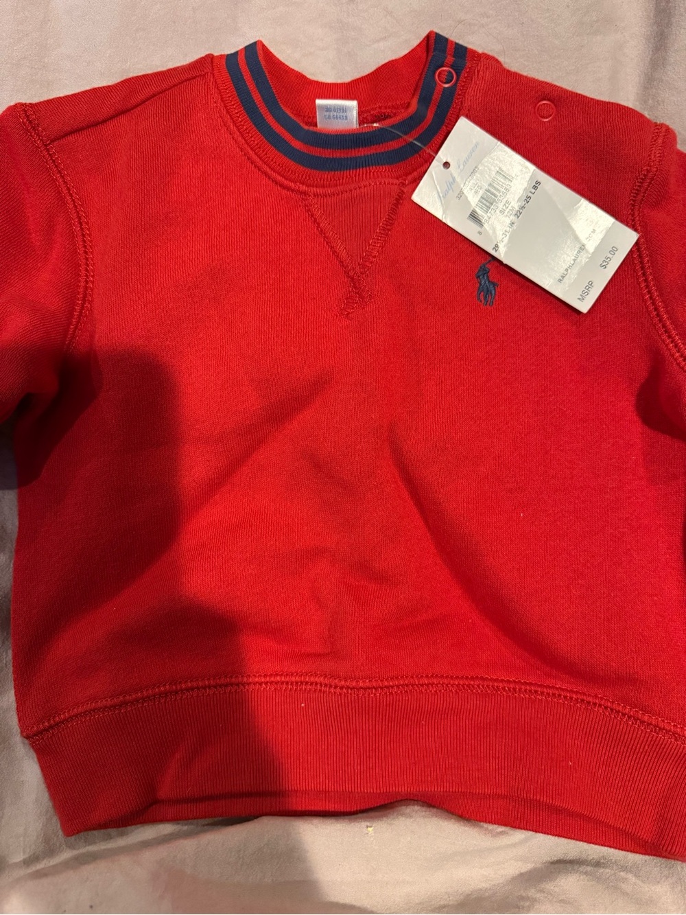 Ralph Lauren Red Crewneck Sweatshirt with Navy Trim and Pony